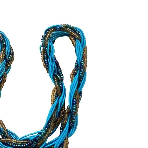 Braided vintage retro style turquoise gold and rainbow strands necklace 19 in - Picture 5 of 11